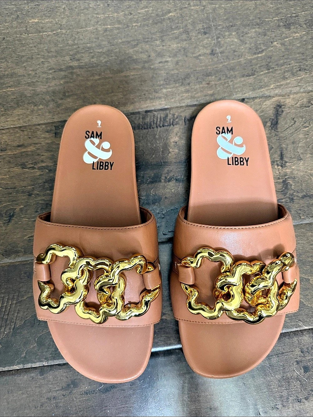 Sam & Libby Embellished Chain Slide Sandals in Brown